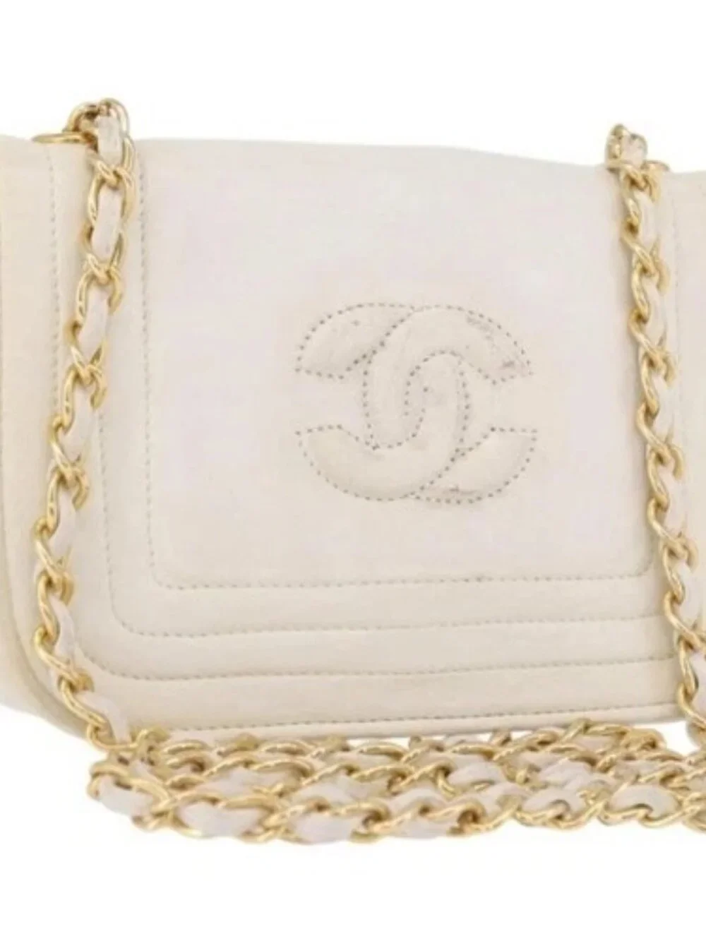 CHANEL Chain Shoulder Bag Lamb Skin White Gold CC Auth 186589A